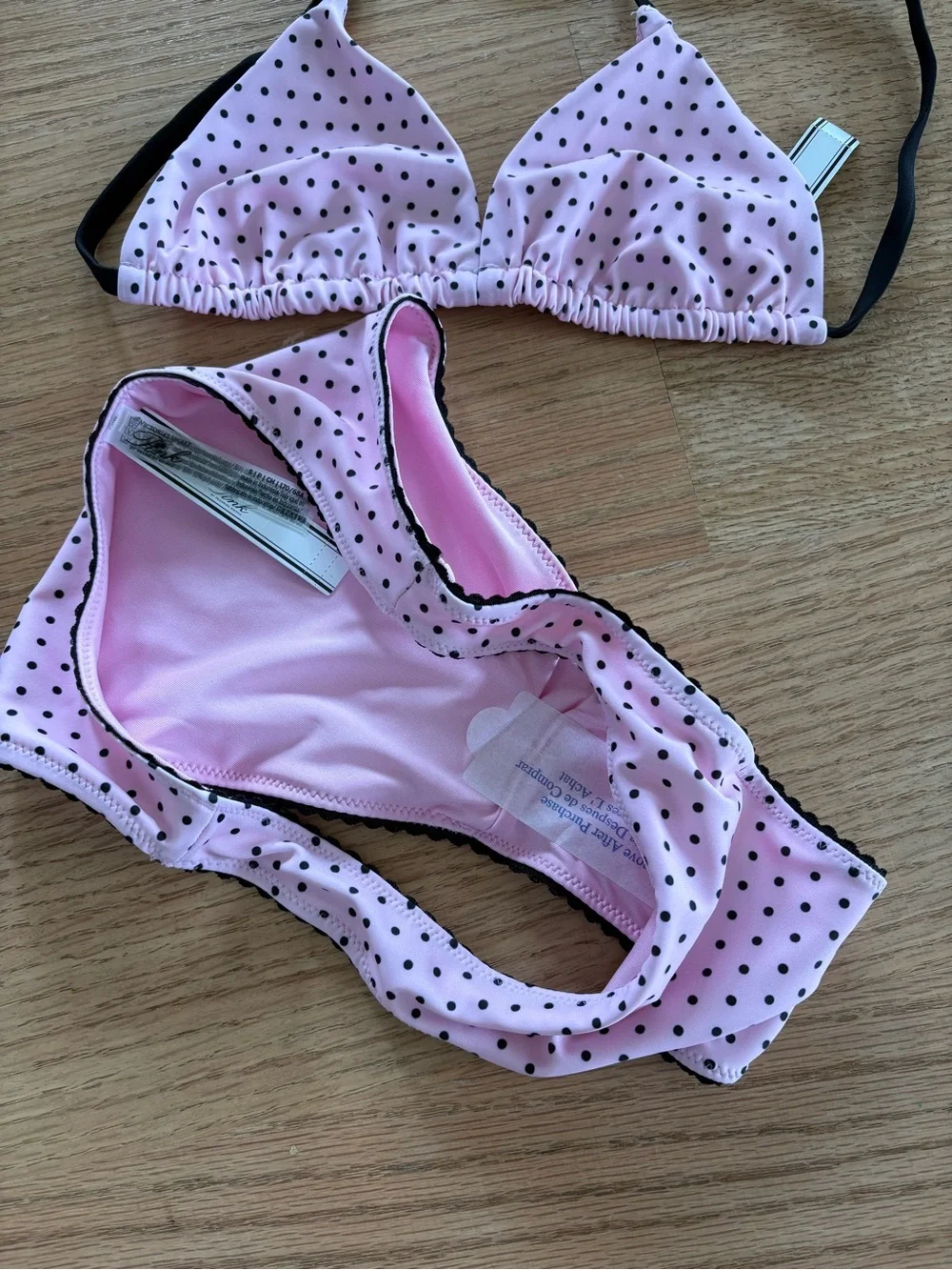 Pink Polka Dot Bikini Set with Black Trim - Picture 2 of 3